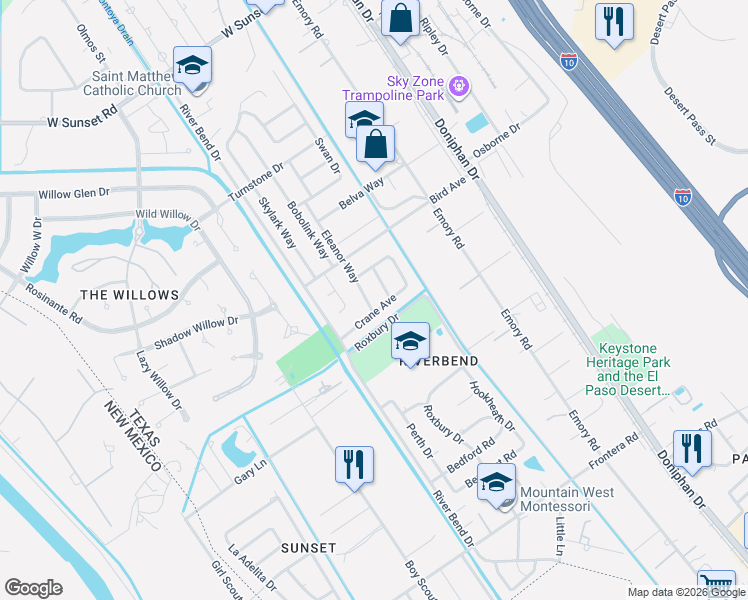 map of restaurants, bars, coffee shops, grocery stores, and more near 409 Crane Avenue in El Paso