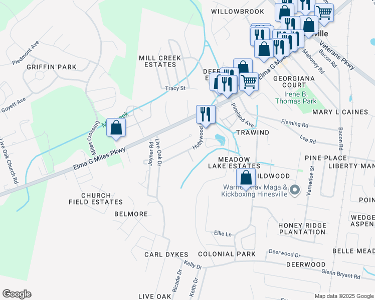 map of restaurants, bars, coffee shops, grocery stores, and more near Hollywood Drive in Hinesville