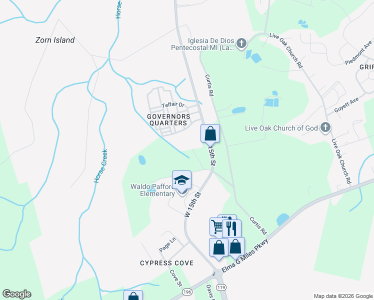 map of restaurants, bars, coffee shops, grocery stores, and more near 124 Lauran Drive in Hinesville