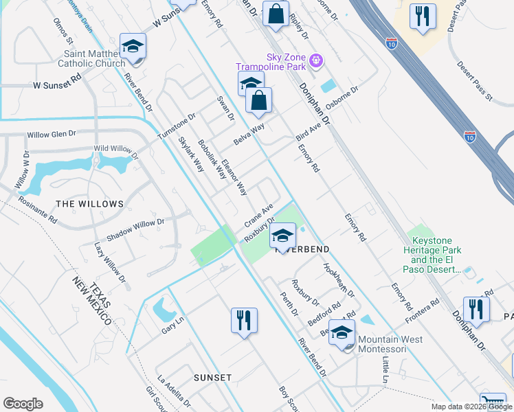 map of restaurants, bars, coffee shops, grocery stores, and more near 409 Crane Avenue in El Paso