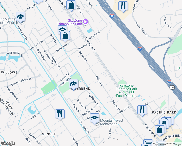 map of restaurants, bars, coffee shops, grocery stores, and more near 4335 Emory Road in El Paso