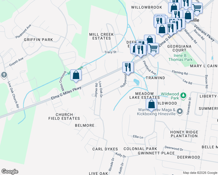 map of restaurants, bars, coffee shops, grocery stores, and more near 903 West Pine Street in Hinesville