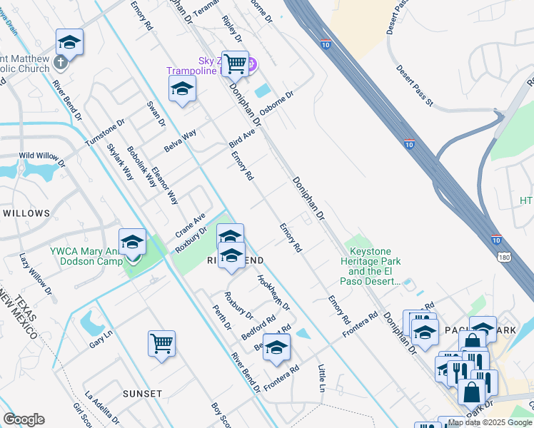 map of restaurants, bars, coffee shops, grocery stores, and more near 4335 Emory Road in El Paso
