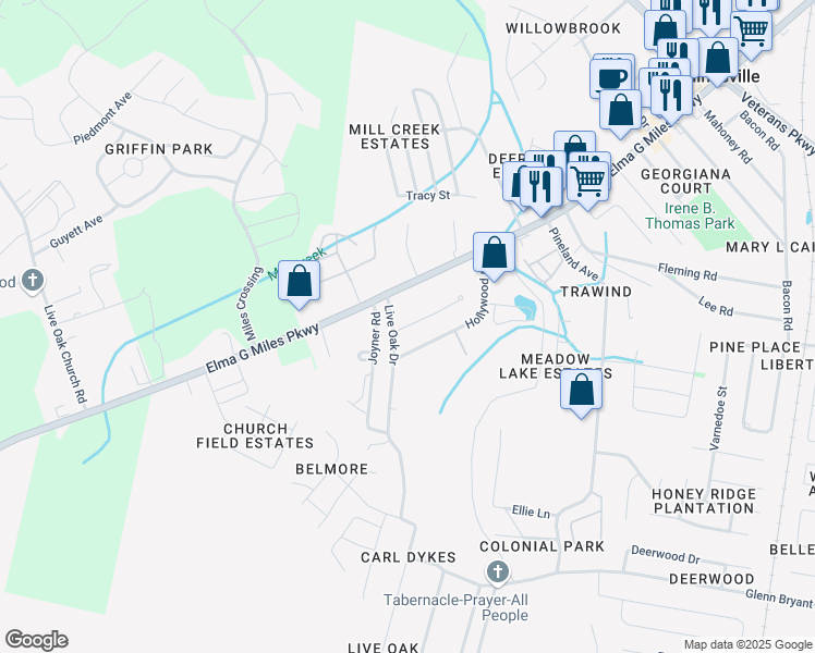 map of restaurants, bars, coffee shops, grocery stores, and more near 900 West Pine Street in Hinesville