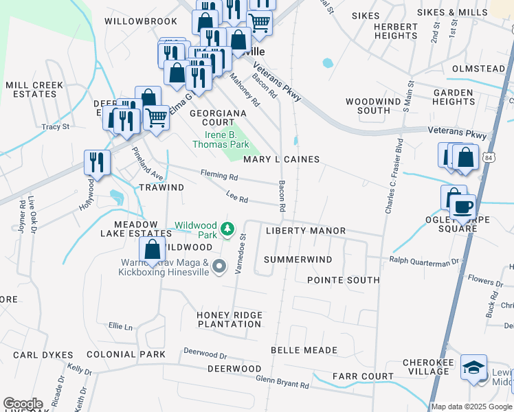 map of restaurants, bars, coffee shops, grocery stores, and more near 633 Lee Road in Hinesville