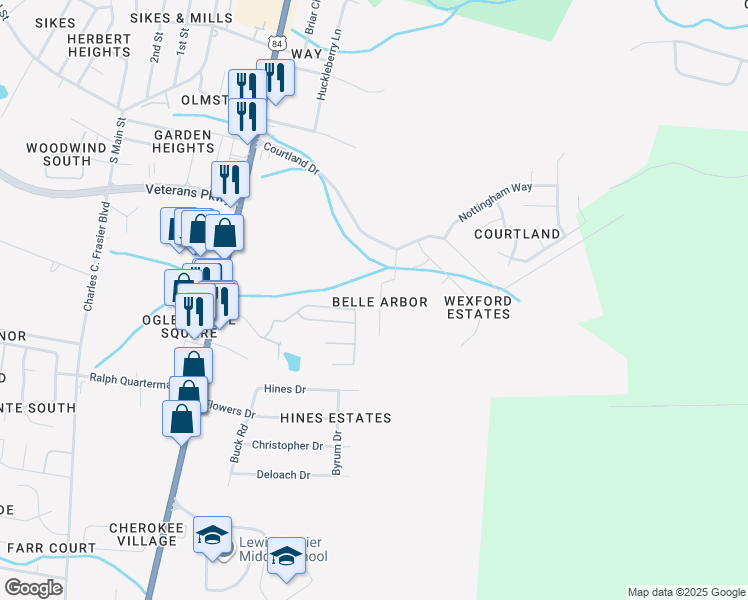 map of restaurants, bars, coffee shops, grocery stores, and more near 210 Easy Street in Hinesville
