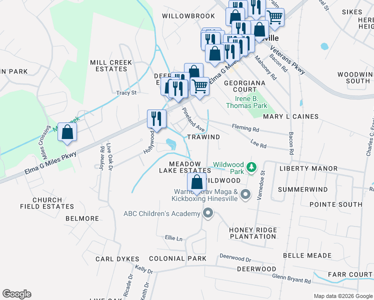 map of restaurants, bars, coffee shops, grocery stores, and more near 803 Mockingbird Court in Hinesville