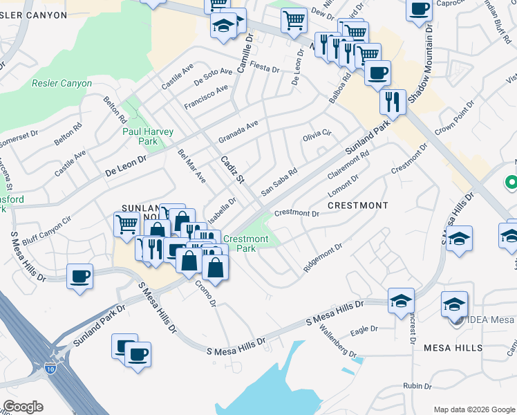 map of restaurants, bars, coffee shops, grocery stores, and more near 419 San Saba Road in El Paso
