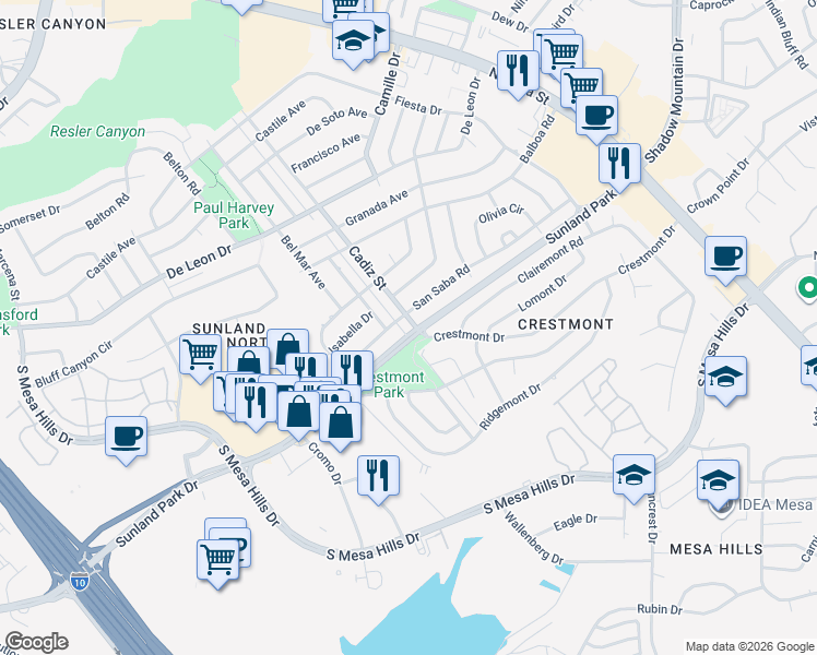 map of restaurants, bars, coffee shops, grocery stores, and more near 419 San Saba Road in El Paso
