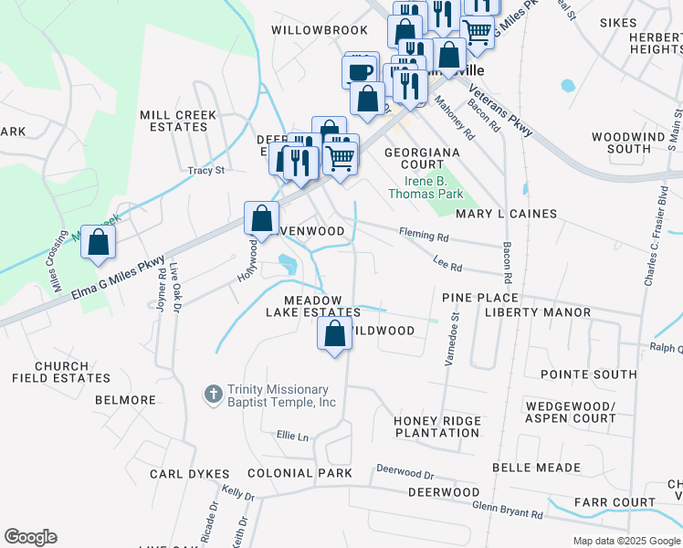 map of restaurants, bars, coffee shops, grocery stores, and more near 805 Trawind Court in Hinesville