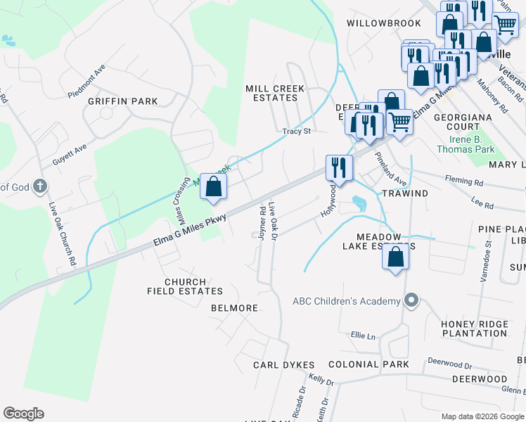 map of restaurants, bars, coffee shops, grocery stores, and more near 946 Elma G Miles Parkway in Hinesville