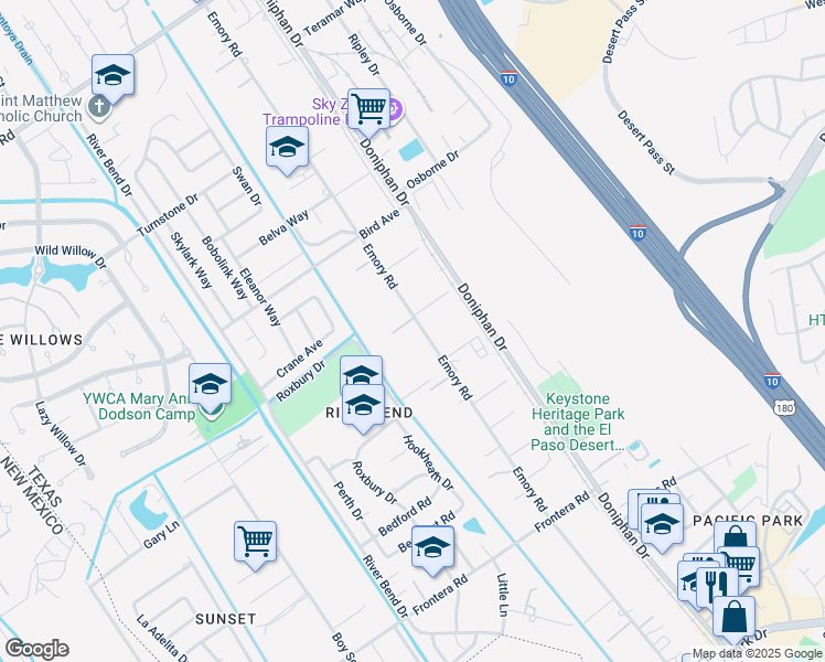 map of restaurants, bars, coffee shops, grocery stores, and more near 4335 Emory Road in El Paso
