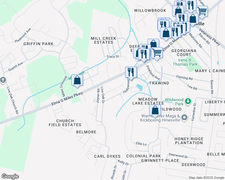 map of restaurants, bars, coffee shops, grocery stores, and more near 908 West Pine Street in Hinesville