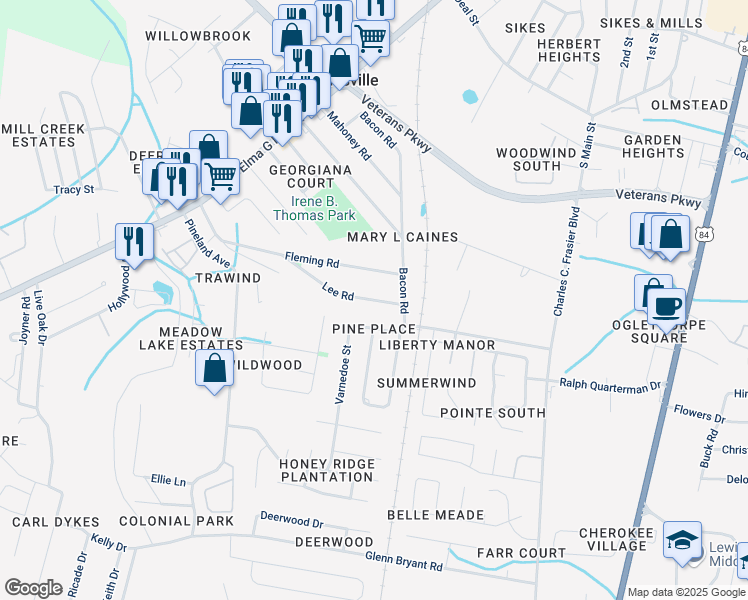 map of restaurants, bars, coffee shops, grocery stores, and more near 640 Lee Road in Hinesville