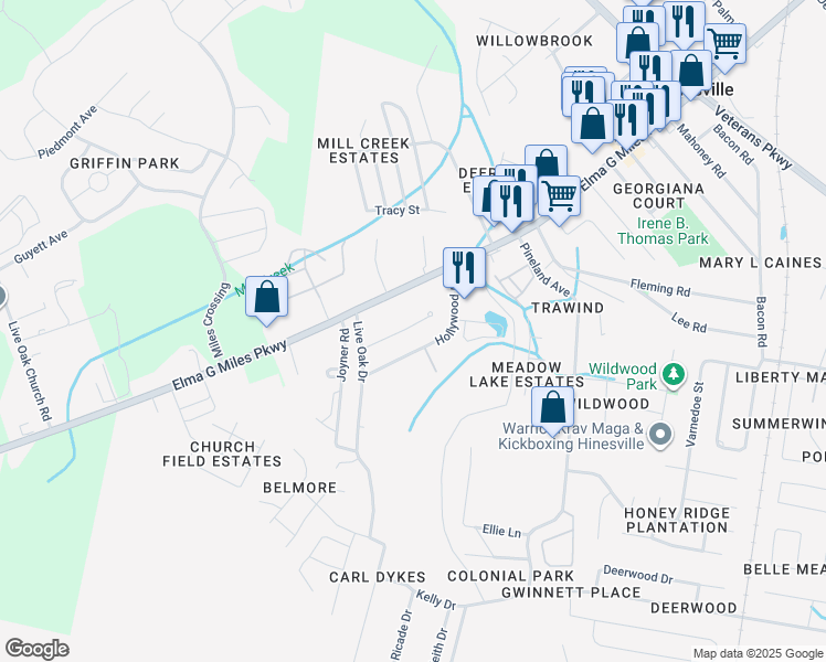 map of restaurants, bars, coffee shops, grocery stores, and more near 909 West Pine Street in Hinesville
