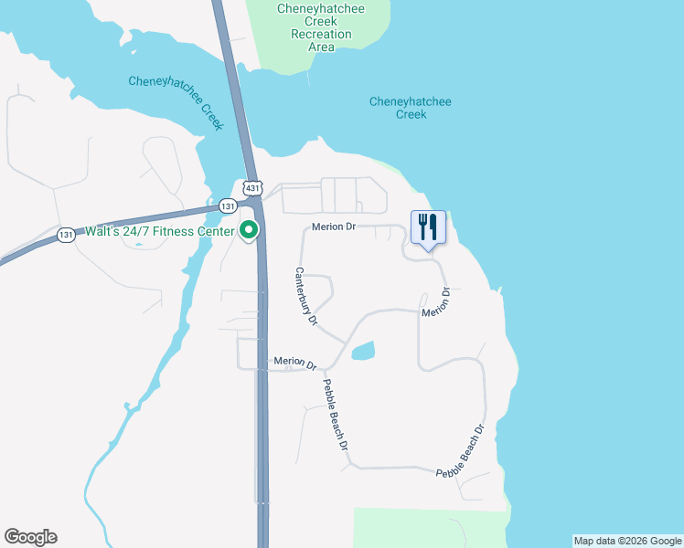 map of restaurants, bars, coffee shops, grocery stores, and more near 131 Villa Road in Eufaula