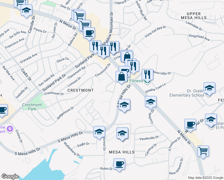 map of restaurants, bars, coffee shops, grocery stores, and more near 5813 Beaumont Place in El Paso