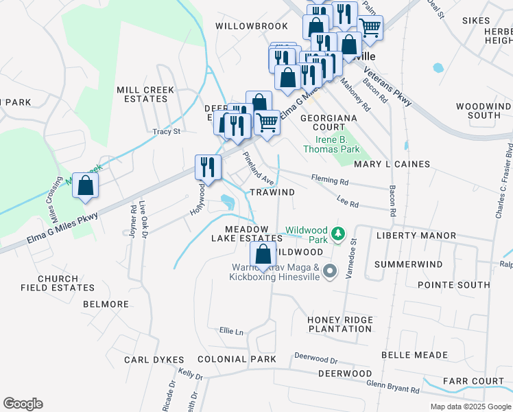 map of restaurants, bars, coffee shops, grocery stores, and more near 803 Mockingbird Court in Hinesville