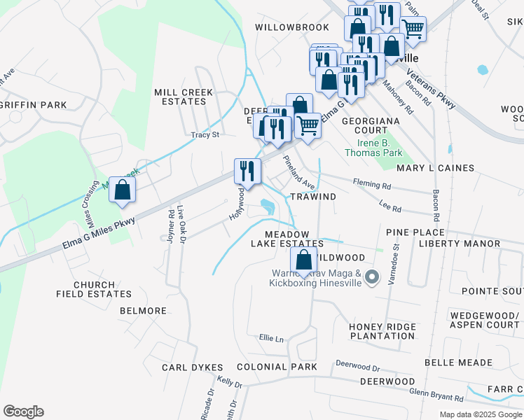 map of restaurants, bars, coffee shops, grocery stores, and more near Hollywood Drive in Hinesville