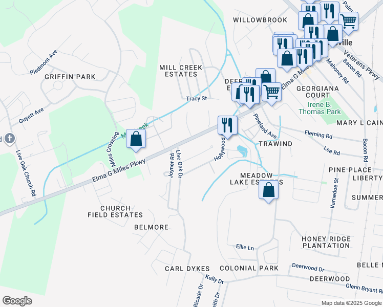 map of restaurants, bars, coffee shops, grocery stores, and more near 908 West Pine Street in Hinesville