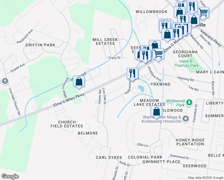 map of restaurants, bars, coffee shops, grocery stores, and more near 904 West Pine Street in Hinesville