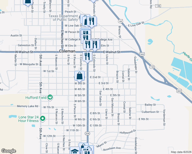 map of restaurants, bars, coffee shops, grocery stores, and more near 201 East 2nd Street in Coleman