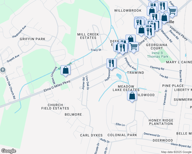 map of restaurants, bars, coffee shops, grocery stores, and more near 906 West Pine Street in Hinesville