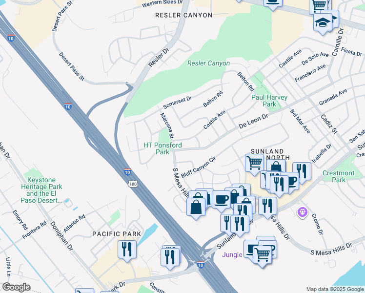map of restaurants, bars, coffee shops, grocery stores, and more near 762 Castile Avenue in El Paso
