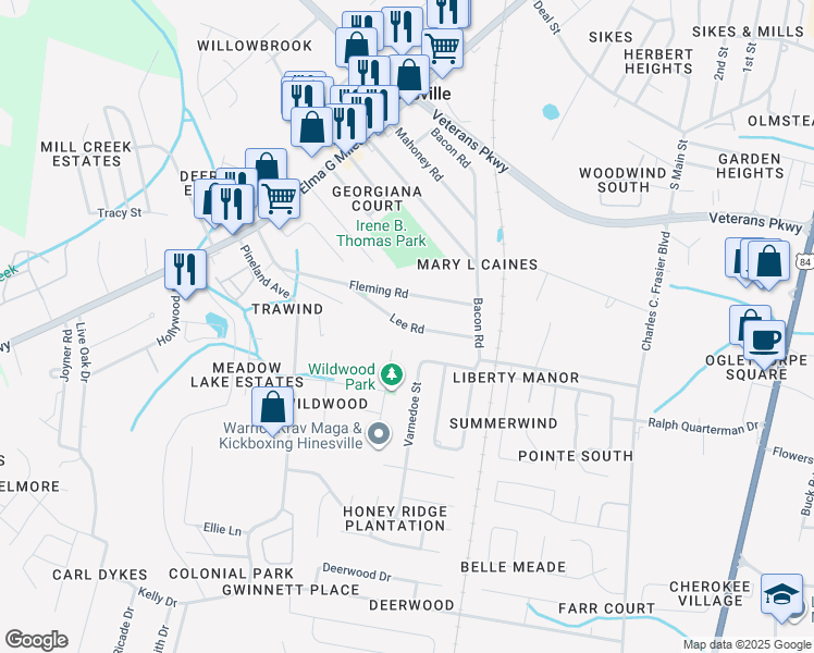 map of restaurants, bars, coffee shops, grocery stores, and more near Lee Road in Hinesville