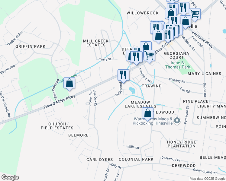 map of restaurants, bars, coffee shops, grocery stores, and more near 913 West Pine Street in Hinesville