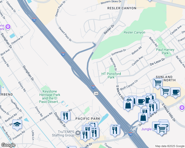 map of restaurants, bars, coffee shops, grocery stores, and more near 908 De Leon Drive in El Paso