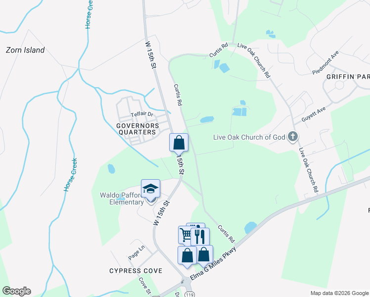 map of restaurants, bars, coffee shops, grocery stores, and more near 4 West 15th Street in Hinesville