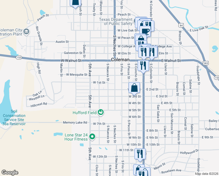 map of restaurants, bars, coffee shops, grocery stores, and more near 802 South Neches Street in Coleman