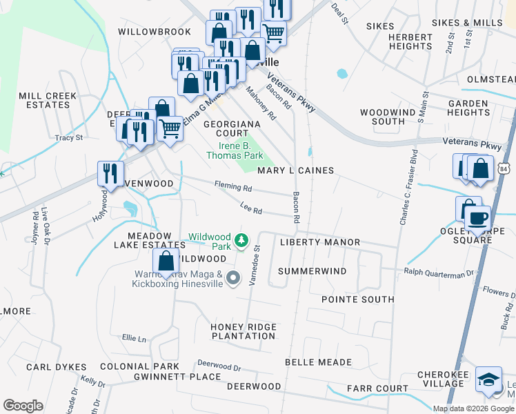 map of restaurants, bars, coffee shops, grocery stores, and more near 646 Lee Road in Hinesville