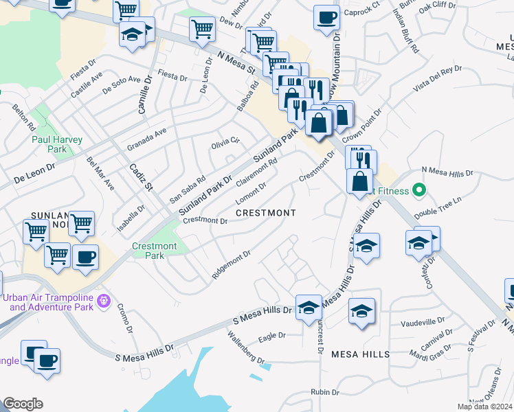 map of restaurants, bars, coffee shops, grocery stores, and more near 313 Crestmont Drive in El Paso
