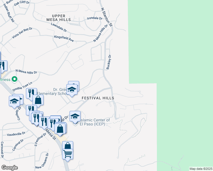 map of restaurants, bars, coffee shops, grocery stores, and more near 5525 North Stanton Street in El Paso