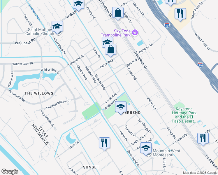 map of restaurants, bars, coffee shops, grocery stores, and more near 4464 Eleanor Way in El Paso