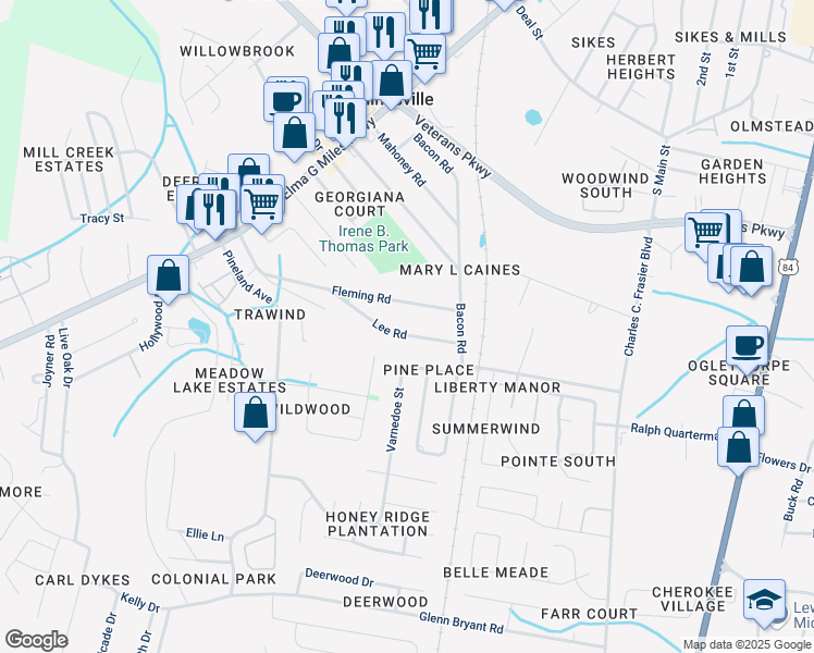 map of restaurants, bars, coffee shops, grocery stores, and more near 640 Lee Road in Hinesville