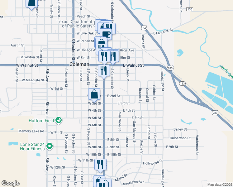 map of restaurants, bars, coffee shops, grocery stores, and more near 201 East 2nd Street in Coleman