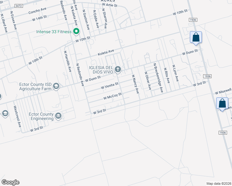 map of restaurants, bars, coffee shops, grocery stores, and more near 7117 West Venita Street in Odessa