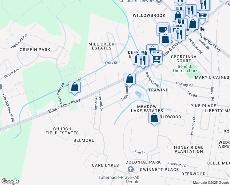 map of restaurants, bars, coffee shops, grocery stores, and more near 908 West Pine Street in Hinesville