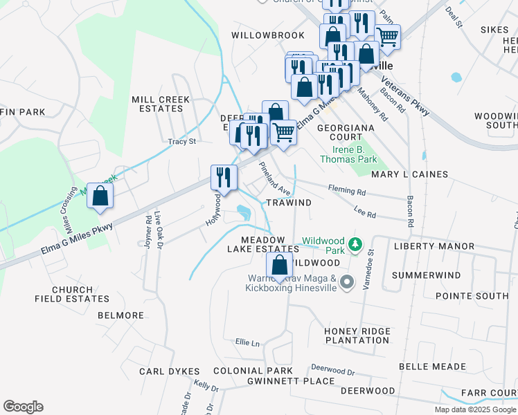 map of restaurants, bars, coffee shops, grocery stores, and more near 952 Whippoorwill Way in Hinesville