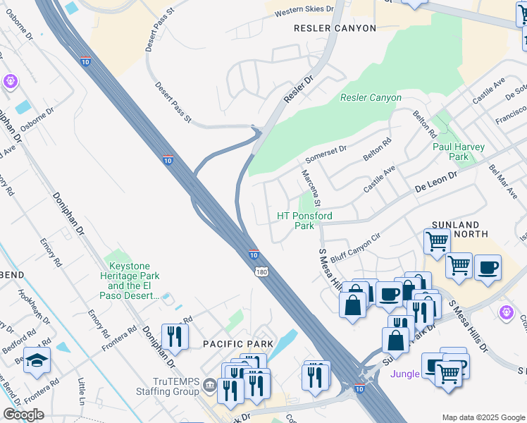 map of restaurants, bars, coffee shops, grocery stores, and more near 908 De Leon Drive in El Paso