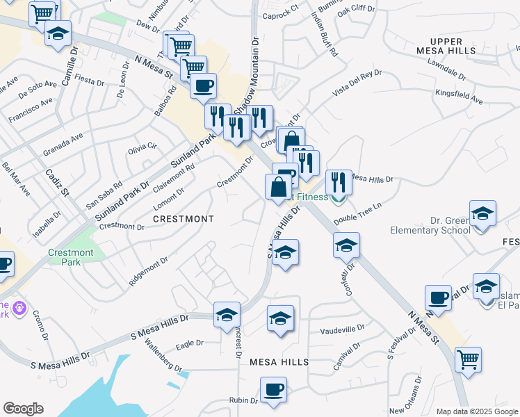 map of restaurants, bars, coffee shops, grocery stores, and more near 5813 Beaumont Place in El Paso
