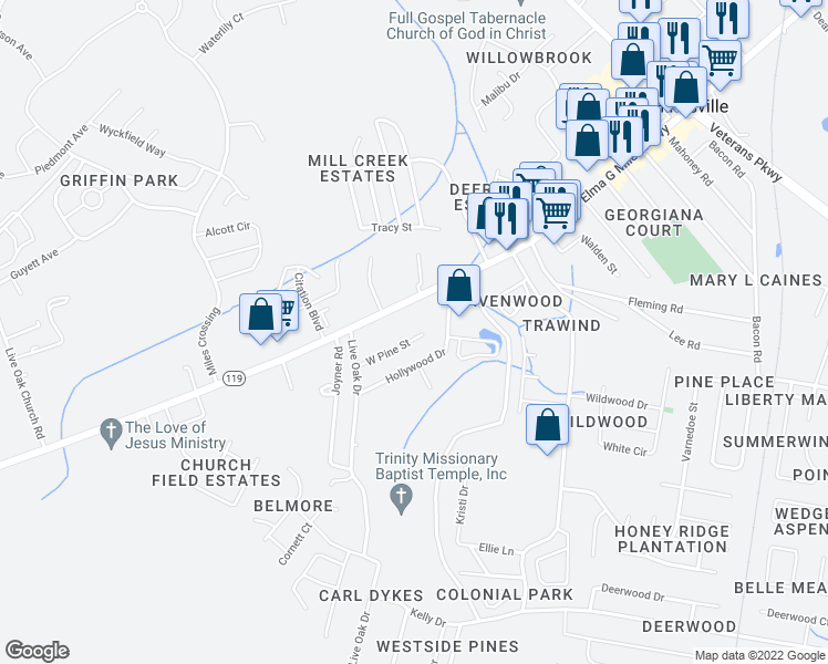 map of restaurants, bars, coffee shops, grocery stores, and more near 912 West Pine Street in Hinesville