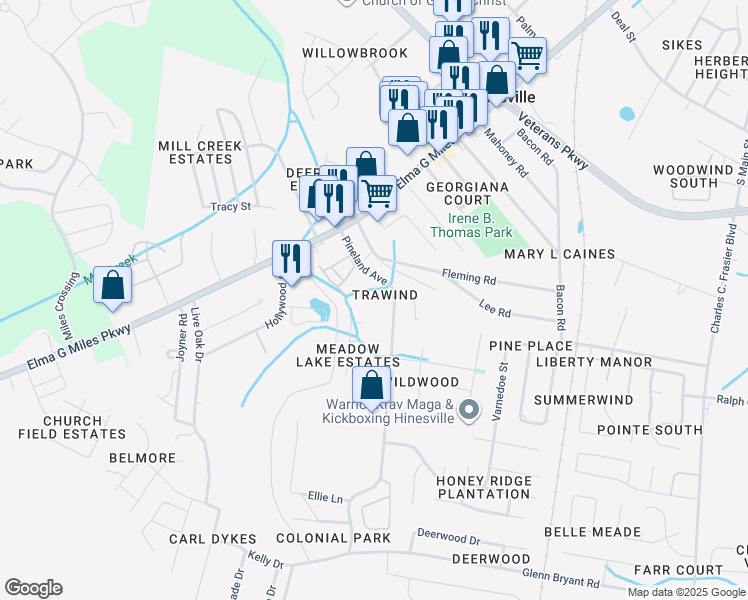 map of restaurants, bars, coffee shops, grocery stores, and more near 805 Trawind Court in Hinesville