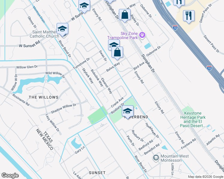 map of restaurants, bars, coffee shops, grocery stores, and more near 4464 Eleanor Way in El Paso