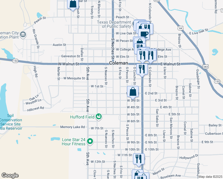 map of restaurants, bars, coffee shops, grocery stores, and more near 802 South Neches Street in Coleman