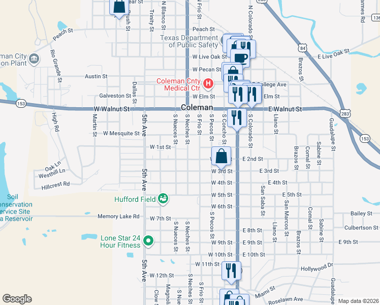 map of restaurants, bars, coffee shops, grocery stores, and more near 802 South Neches Street in Coleman