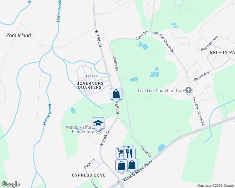 map of restaurants, bars, coffee shops, grocery stores, and more near 4 West 15th Street in Hinesville